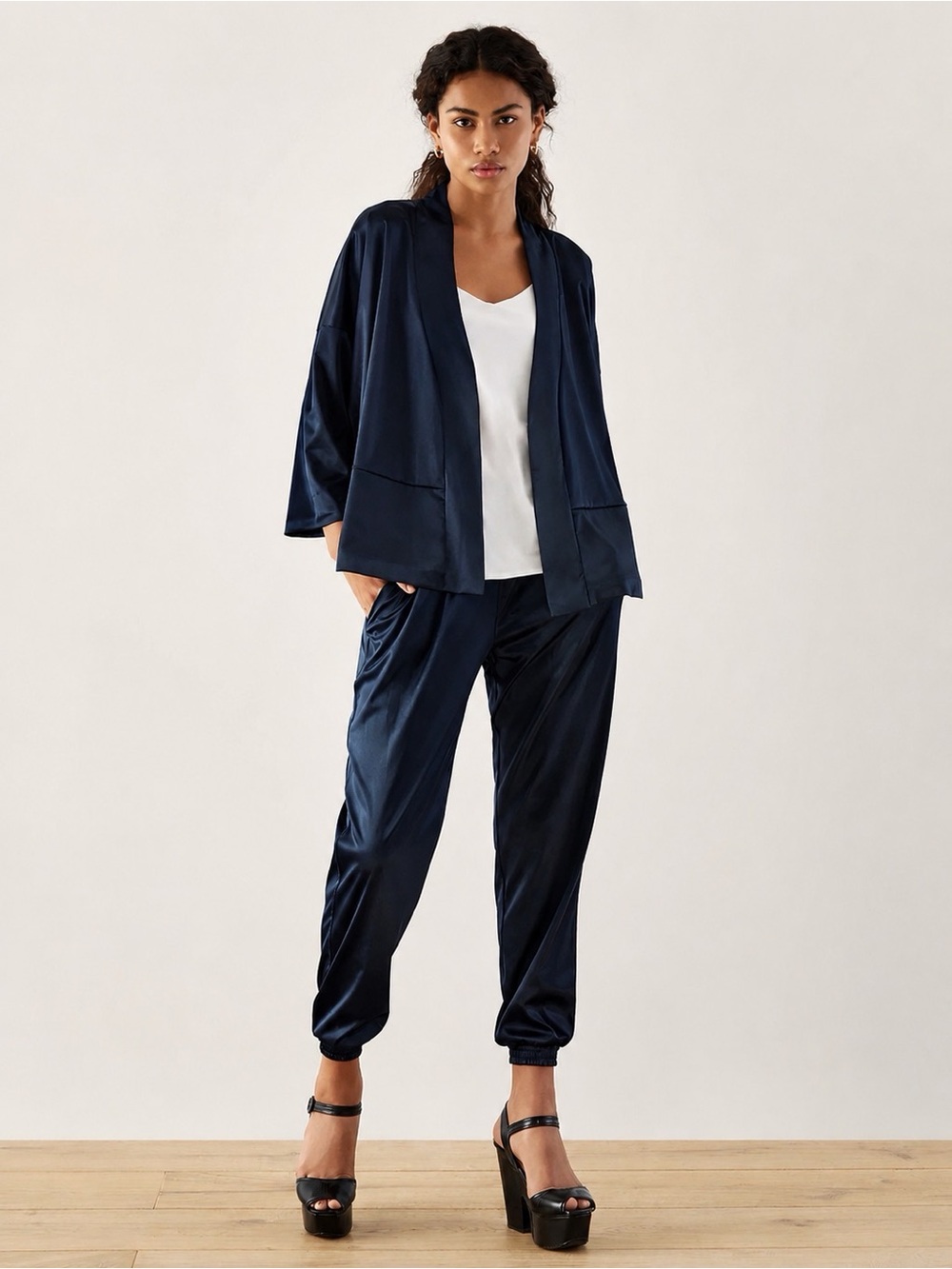 ADAY Day To Night Elastic Waistband Dark Navy Satin Pant Jogger In Size M